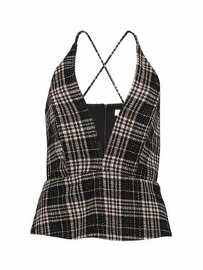 Bishop + Young Ethey Peplum Top Black White Plaid Cross Back Straps NWT Medium
